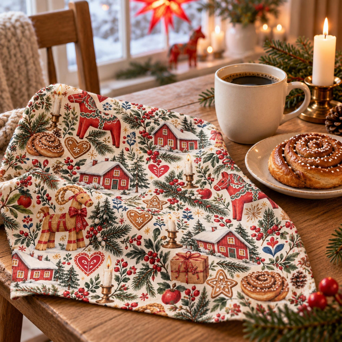 Hej Hemma Swedish Christmas Pattern cotton napkin styled for cosy Swedish Christmas fika with coffee and kanelbulle