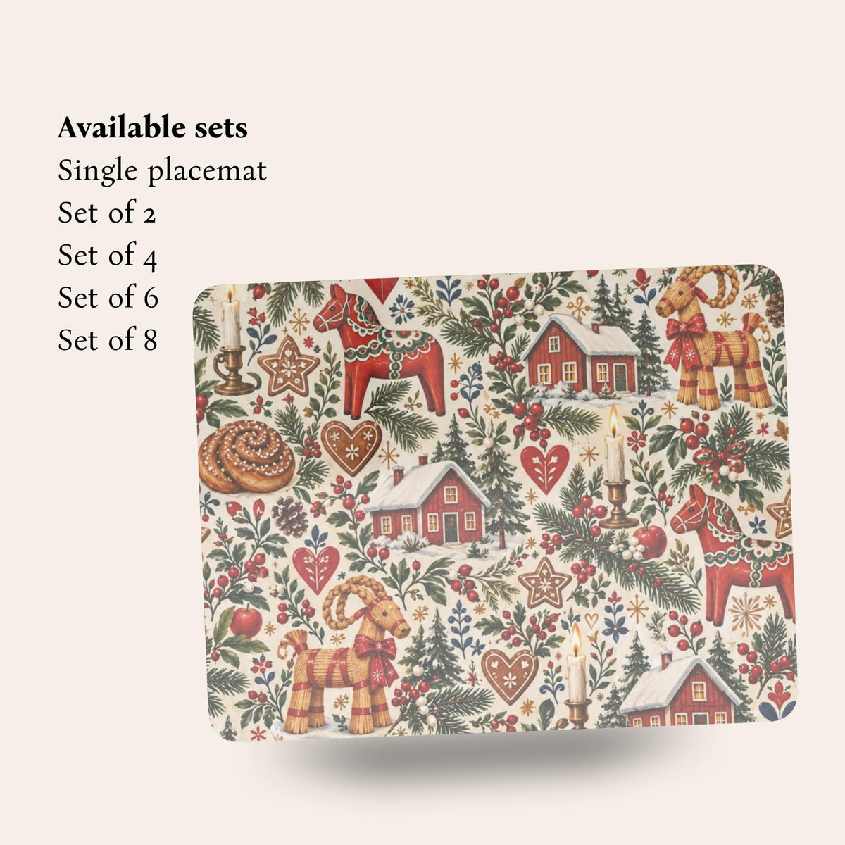 Hej Hemma Swedish Christmas Pattern Placemat with Dala horses, julbock, red cottages and Scandinavian Christmas details