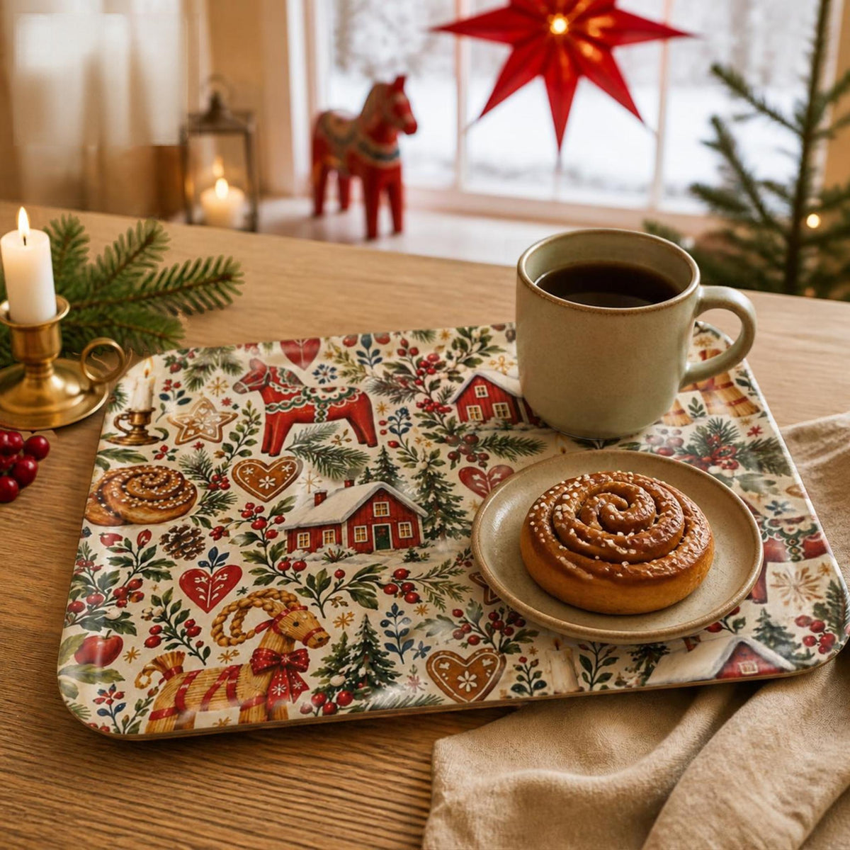 Hej Hemma Swedish Christmas Pattern Serving Tray styled for festive fika with Scandinavian Christmas details