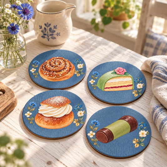 Set of four Swedish Blue fika coasters with kanelbulle, semla, prinsesstårta and dammsugare illustrations by Hej Hemma