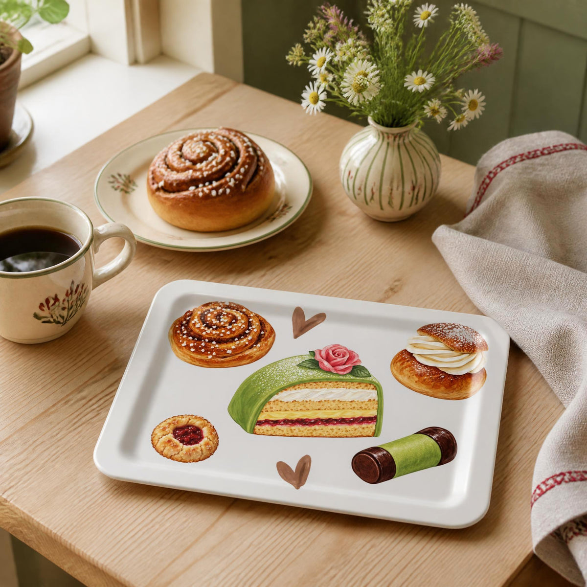 Swedish Fika serving tray with hand-painted kanelbulle, semla, prinsesstårta, hallongrotta and dammsugare illustrations by Hej Hemma