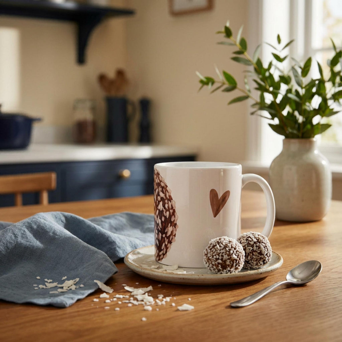     Chokladboll Mug with Swedish chocolate balls in a cosy fika setting