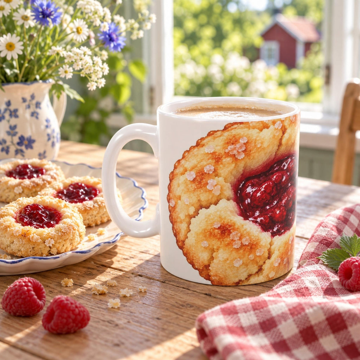     Hallongrotta Mug with Swedish raspberry cookies in a summer fika setting