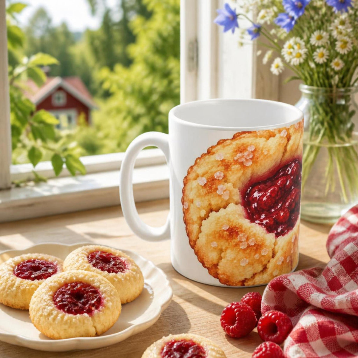     Hallongrotta Mug with Swedish raspberry cookies in a summer fika setting