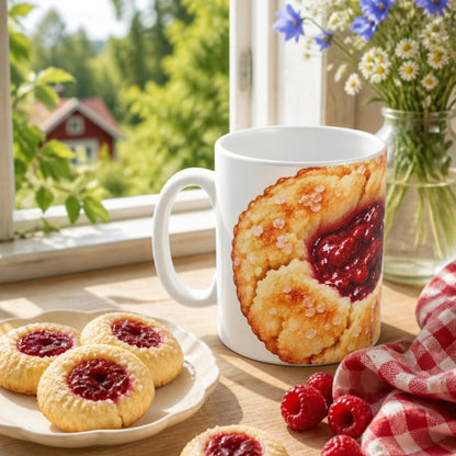     Hallongrotta Mug with Swedish raspberry cookies in a summer fika setting