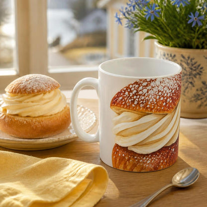     Semla Mug with traditional Swedish semla in a cosy fika setting
