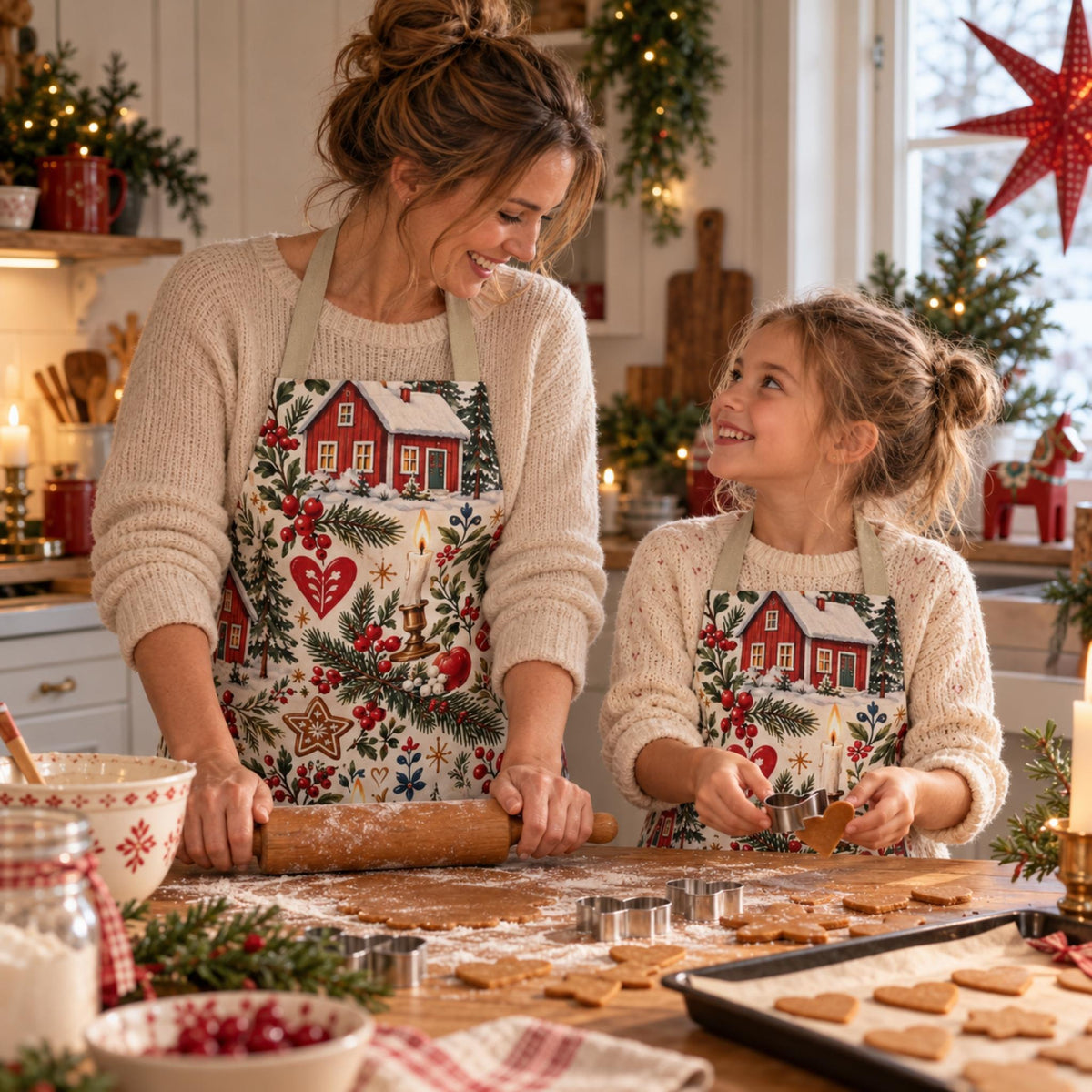 Hej Hemma Swedish Christmas Pattern Aprons while baking gingerbread in a cosy Scandinavian Christmas kitchen