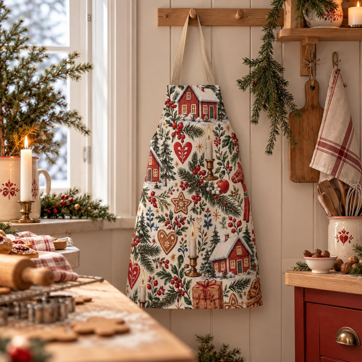 Hej Hemma Swedish Christmas Pattern Aprons while baking gingerbread in a cosy Scandinavian Christmas kitchen