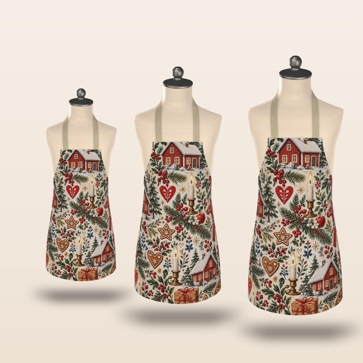 Hej Hemma Swedish Christmas Pattern Aprons while baking gingerbread in a cosy Scandinavian Christmas kitchen
