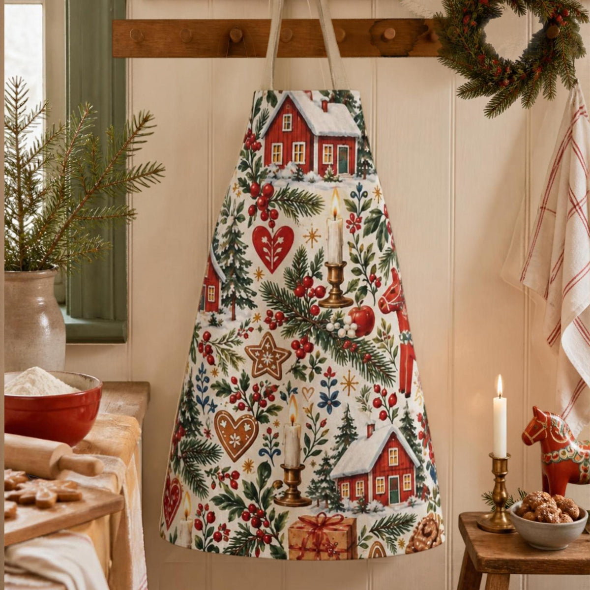 Hej Hemma Swedish Christmas Pattern Aprons while baking gingerbread in a cosy Scandinavian Christmas kitchen