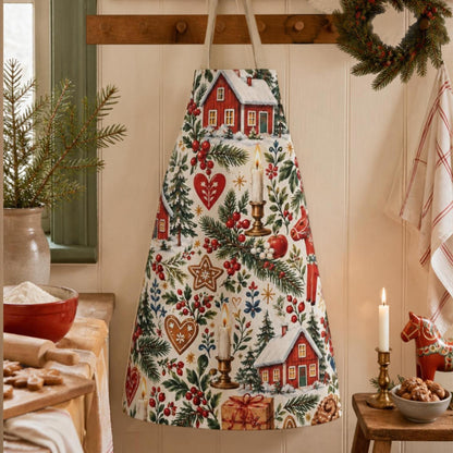 Hej Hemma Swedish Christmas Pattern Aprons while baking gingerbread in a cosy Scandinavian Christmas kitchen