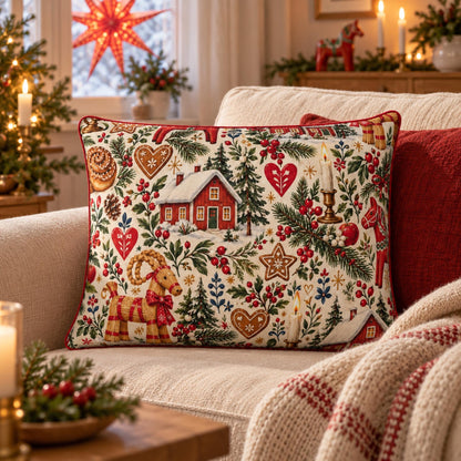 Hej Hemma Swedish Christmas Pattern Cushion Cover with red piping styled in a cosy Scandinavian Christmas interior
