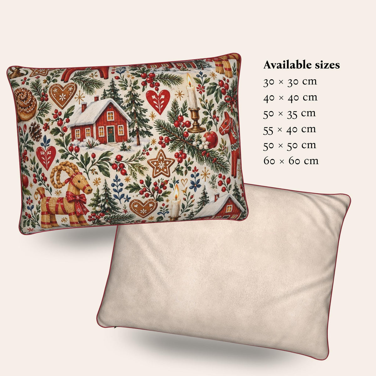 Hej Hemma Swedish Christmas Pattern Cushion Cover with red piping styled in a cosy Scandinavian Christmas interior