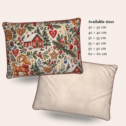 Hej Hemma Swedish Christmas Pattern Cushion Cover with red piping styled in a cosy Scandinavian Christmas interior