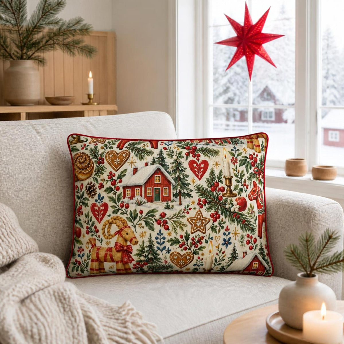 Hej Hemma Swedish Christmas Pattern Cushion Cover with red piping styled in a cosy Scandinavian Christmas interior