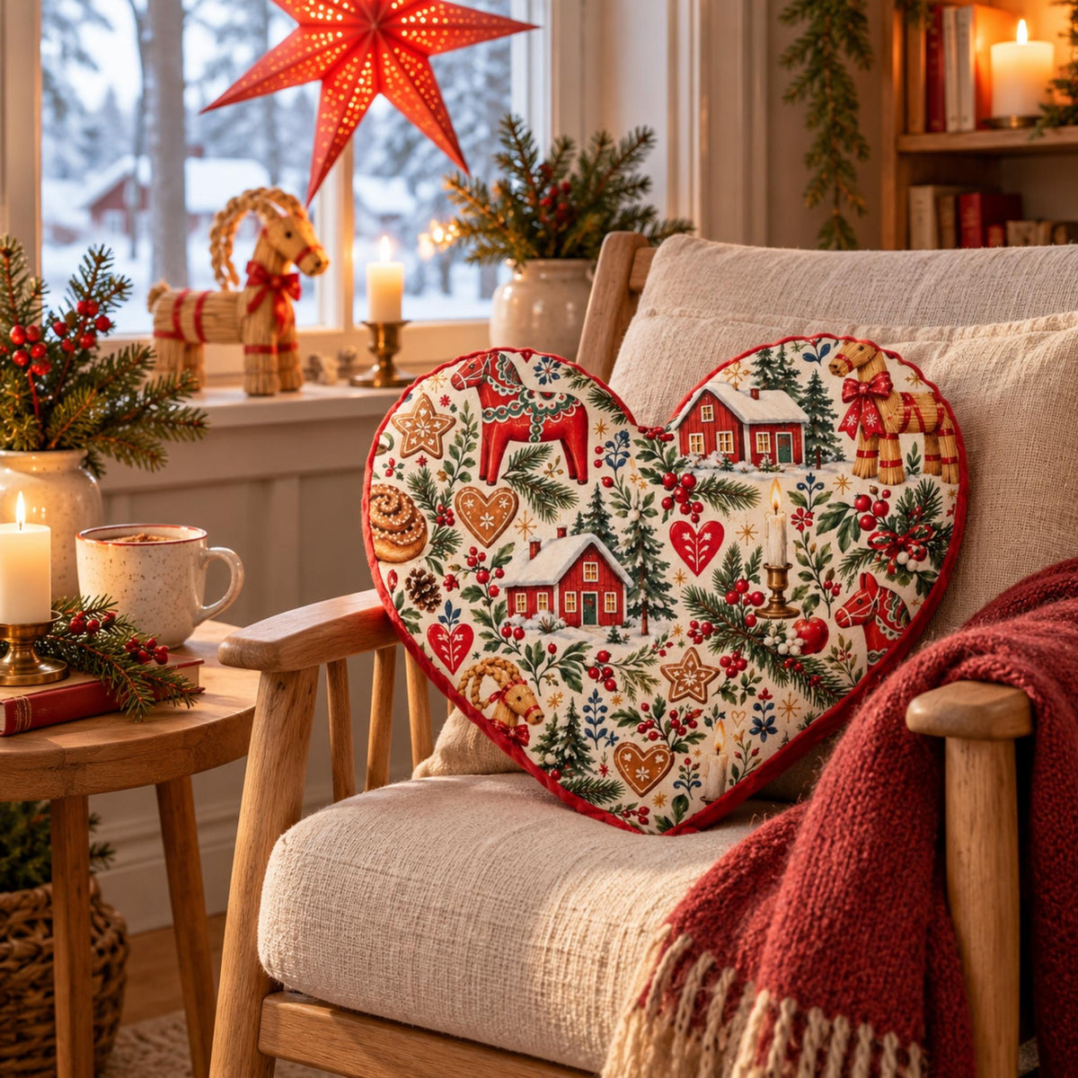 Hej Hemma Swedish Christmas Pattern Heart Cushion with Dala horses, julbock and Scandinavian Christmas illustrations
