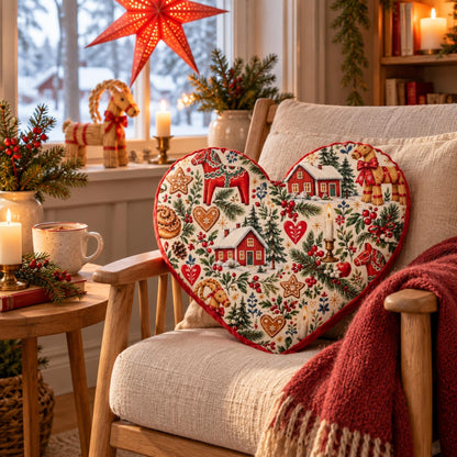 Hej Hemma Swedish Christmas Pattern Heart Cushion with Dala horses, julbock and Scandinavian Christmas illustrations
