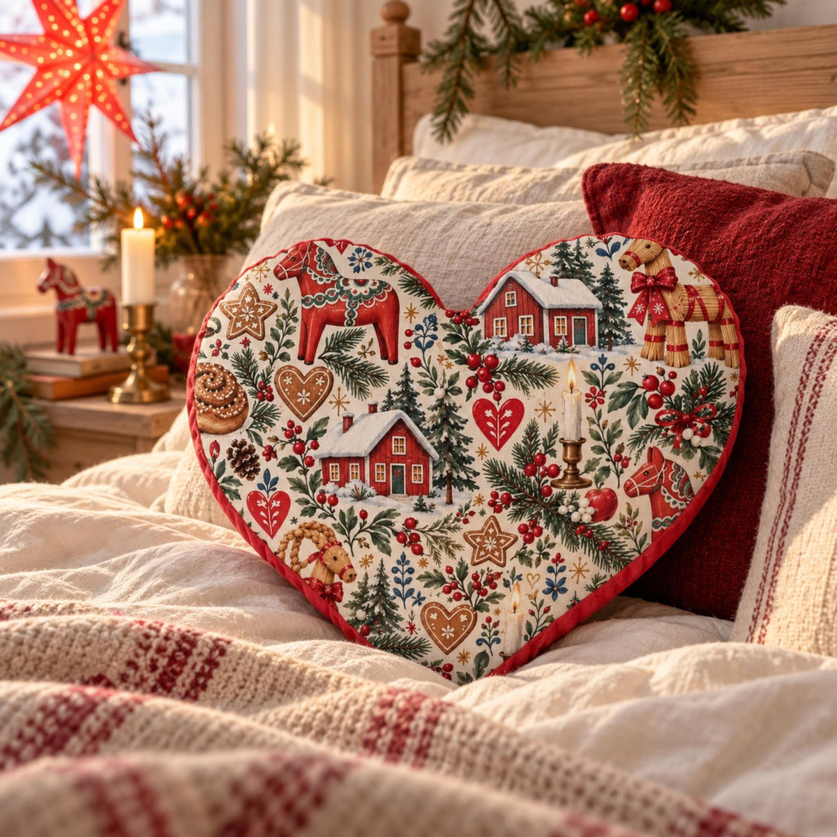 Hej Hemma Swedish Christmas Pattern Heart Cushion with Dala horses, julbock and Scandinavian Christmas illustrations