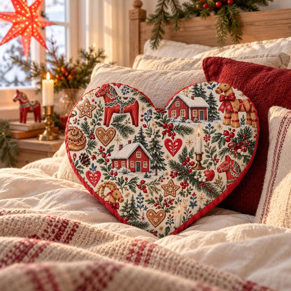 Hej Hemma Swedish Christmas Pattern Heart Cushion with Dala horses, julbock and Scandinavian Christmas illustrations