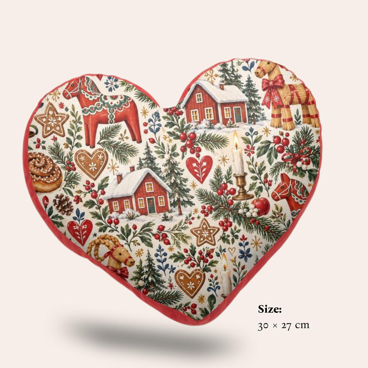 Hej Hemma Swedish Christmas Pattern Heart Cushion with Dala horses, julbock and Scandinavian Christmas illustrations