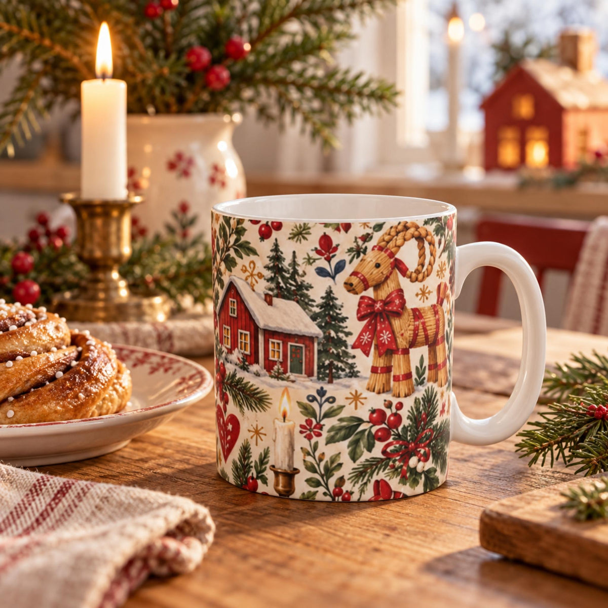 Swedish Christmas Pattern Mug with Dala horses, red cottages, julbock and Scandinavian Christmas details by Hej Hemma