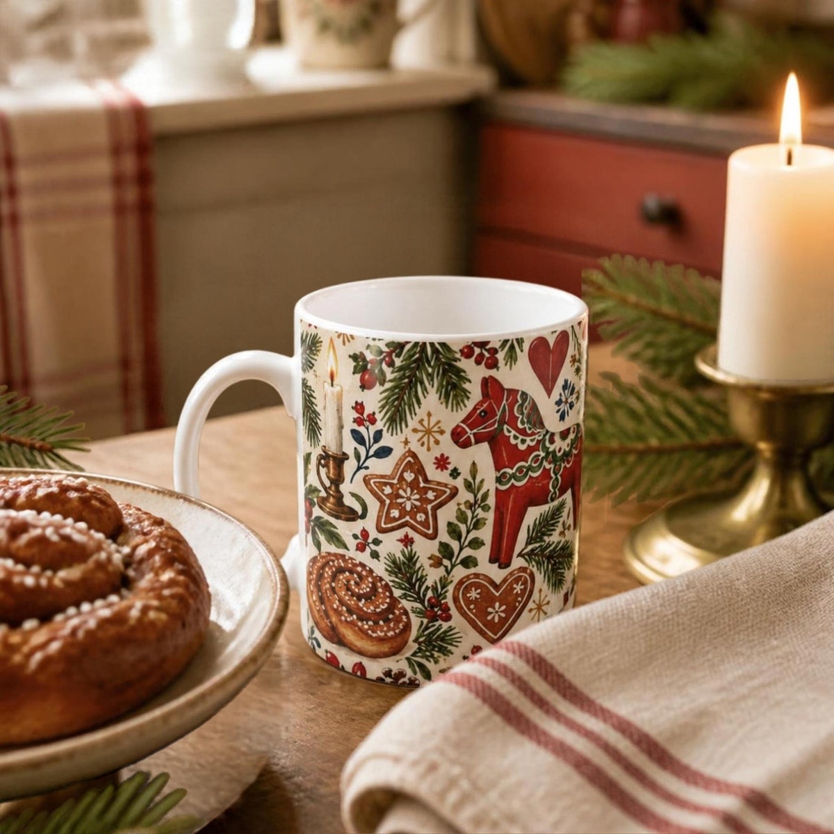 Swedish Christmas Pattern Mug with Dala horses, red cottages, julbock and Scandinavian Christmas details by Hej Hemma