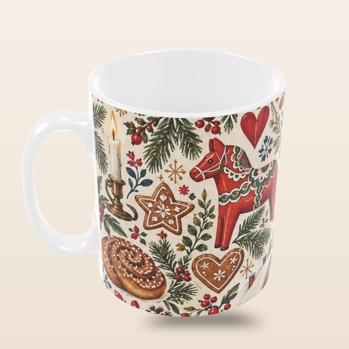 Swedish Christmas Pattern Mug with Dala horses, red cottages, julbock and Scandinavian Christmas details by Hej Hemma