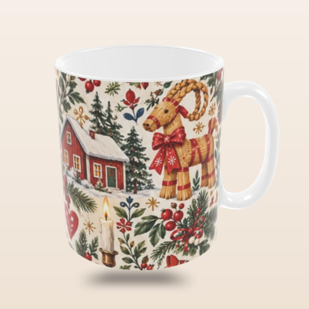 Swedish Christmas Pattern Mug with Dala horses, red cottages, julbock and Scandinavian Christmas details by Hej Hemma