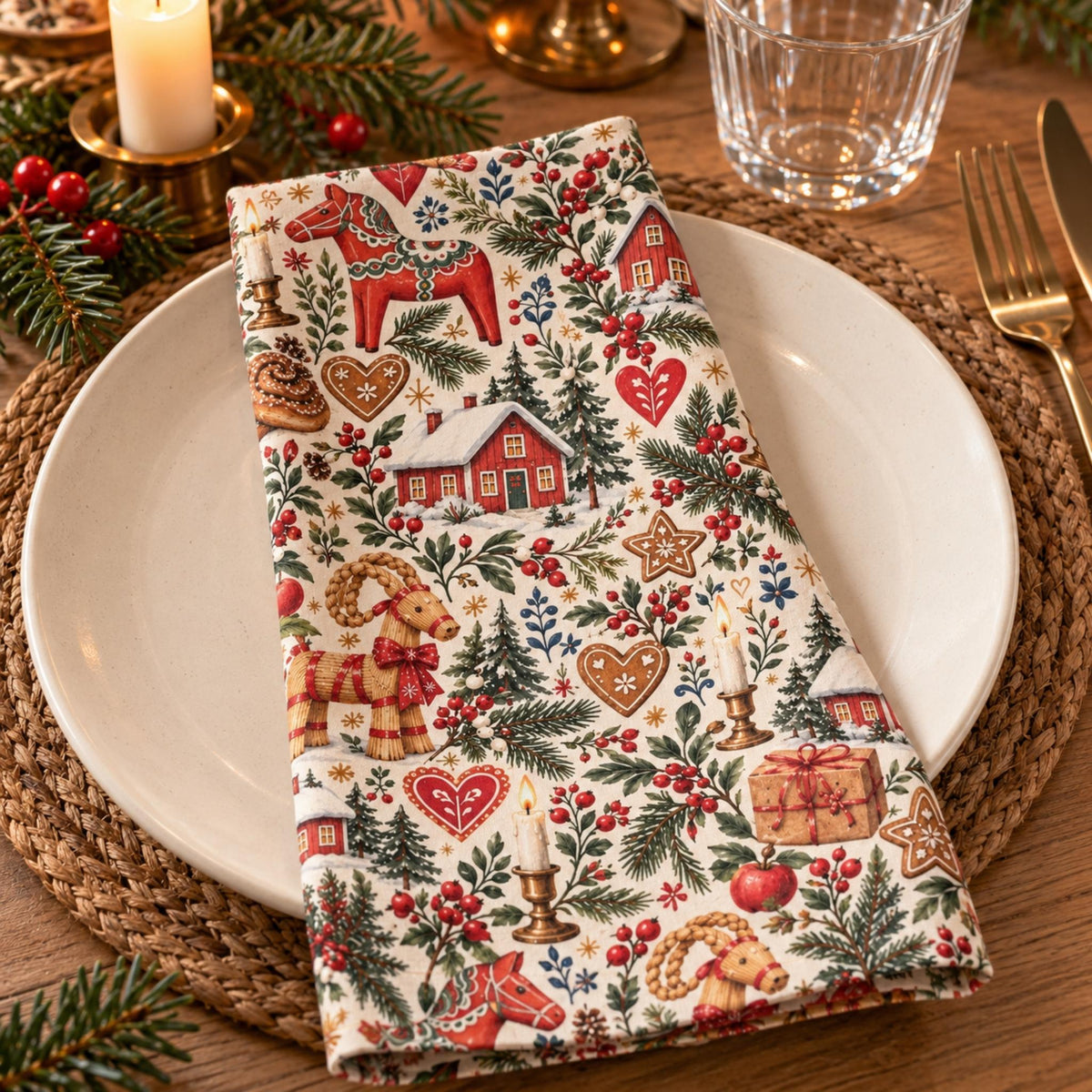 Hej Hemma Swedish Christmas Pattern cotton napkin styled for cosy Swedish Christmas fika with coffee and kanelbulle