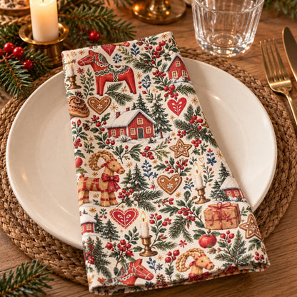 Hej Hemma Swedish Christmas Pattern cotton napkin styled for cosy Swedish Christmas fika with coffee and kanelbulle