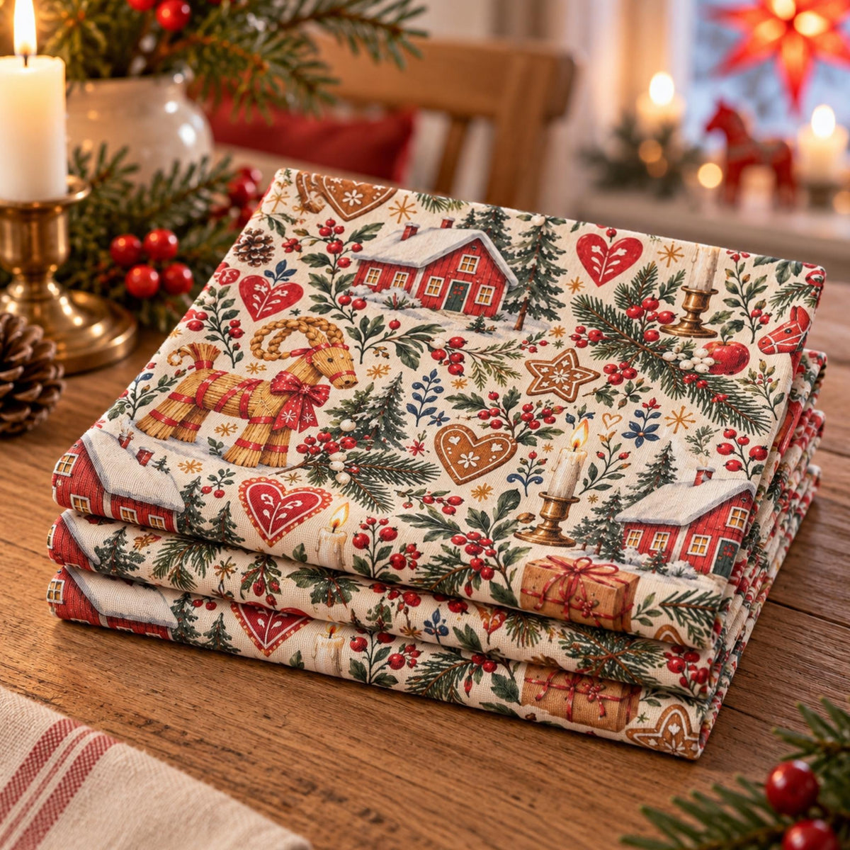 Hej Hemma Swedish Christmas Pattern cotton napkin styled for cosy Swedish Christmas fika with coffee and kanelbulle