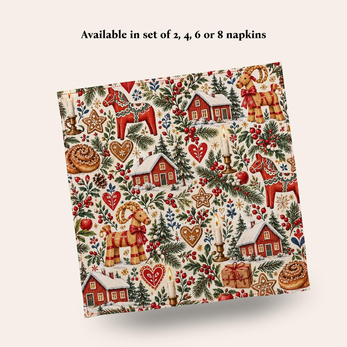 Hej Hemma Swedish Christmas Pattern cotton napkin styled for cosy Swedish Christmas fika with coffee and kanelbulle
