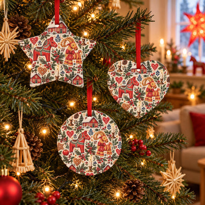 Hej Hemma Swedish Christmas Pattern ceramic ornament styled as a Scandinavian Christmas gift