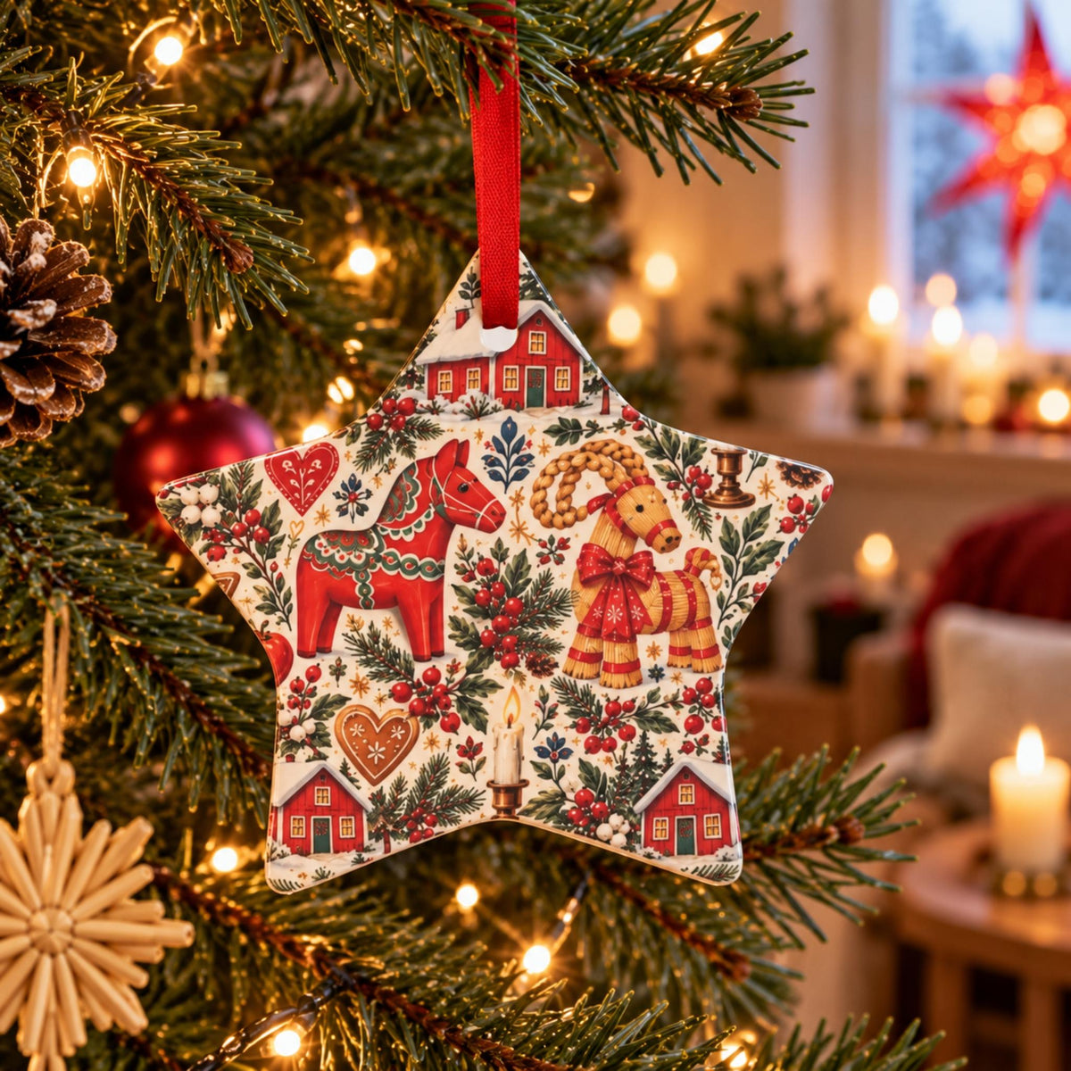 Hej Hemma Swedish Christmas Pattern ceramic ornament styled as a Scandinavian Christmas gift