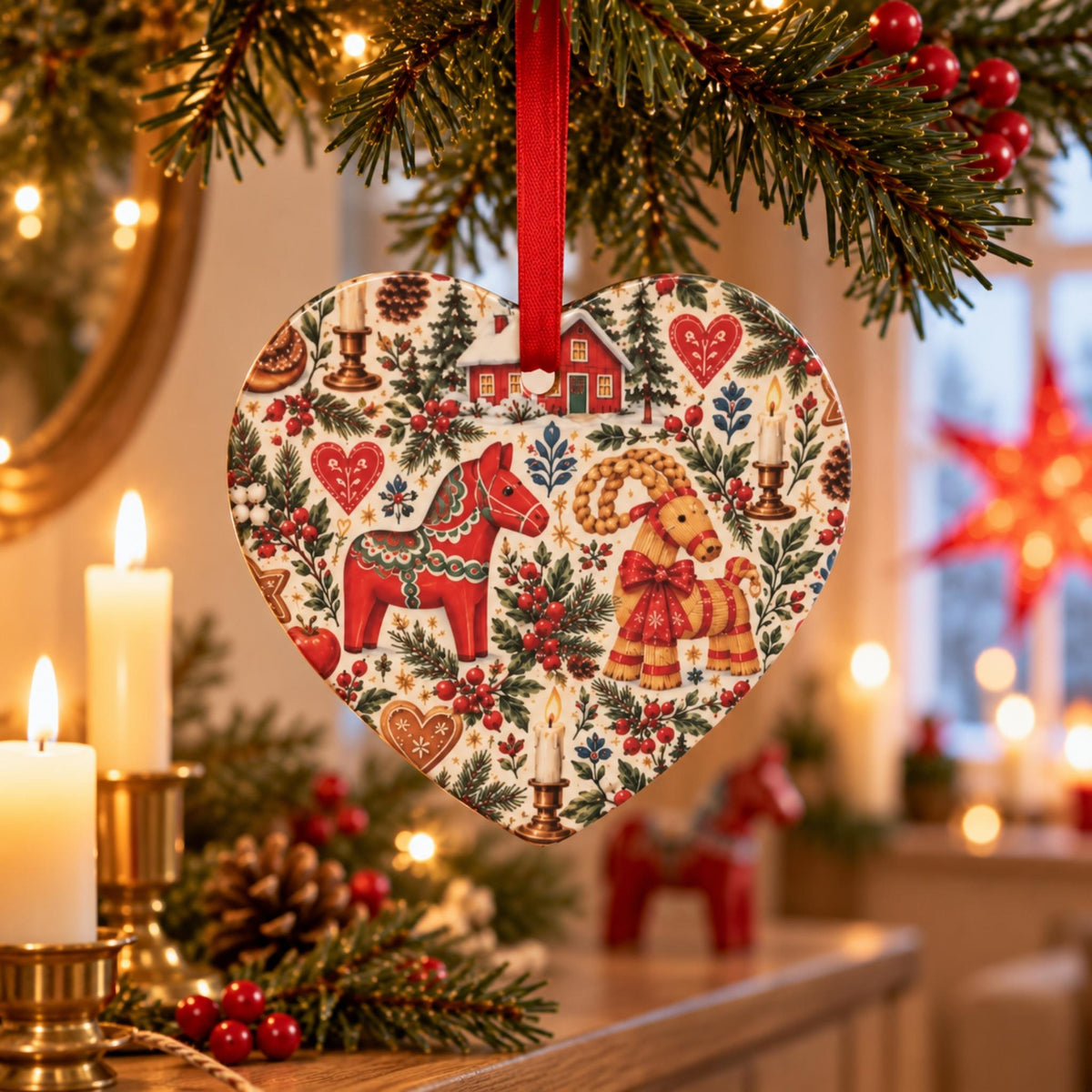 Hej Hemma Swedish Christmas Pattern ceramic ornament styled as a Scandinavian Christmas gift