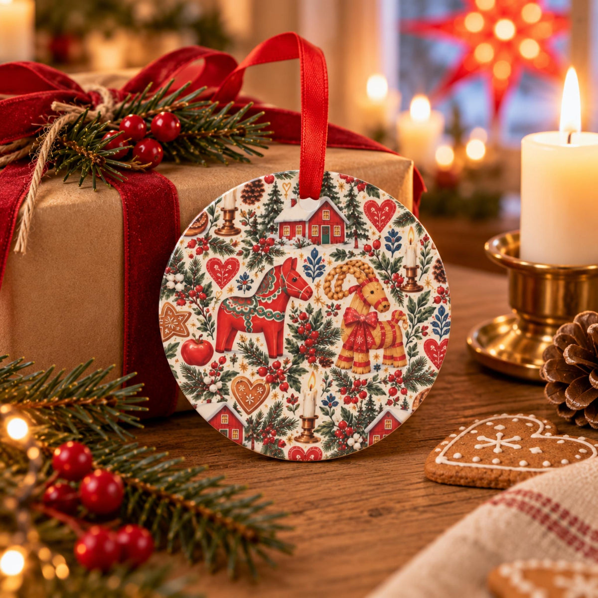 Hej Hemma Swedish Christmas Pattern ceramic ornament styled as a Scandinavian Christmas gift