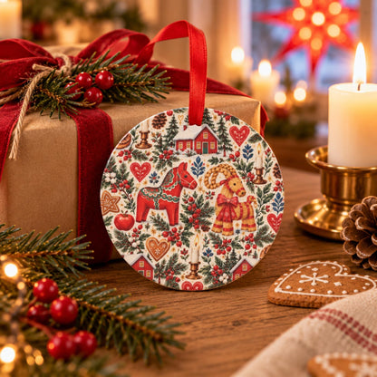 Hej Hemma Swedish Christmas Pattern ceramic ornament styled as a Scandinavian Christmas gift