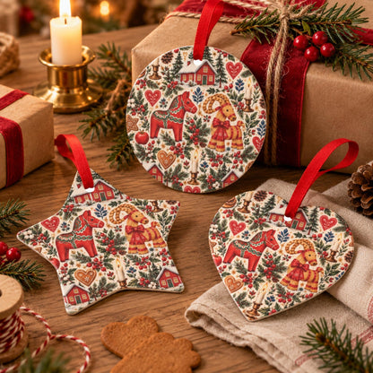 Hej Hemma Swedish Christmas Pattern ceramic ornament styled as a Scandinavian Christmas gift