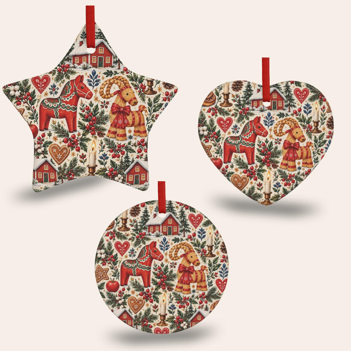 Hej Hemma Swedish Christmas Pattern ceramic ornament styled as a Scandinavian Christmas gift