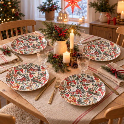 Hej Hemma Swedish Christmas Pattern Party Plate with Dala horse, julbock, red cottages and Scandinavian Christmas details