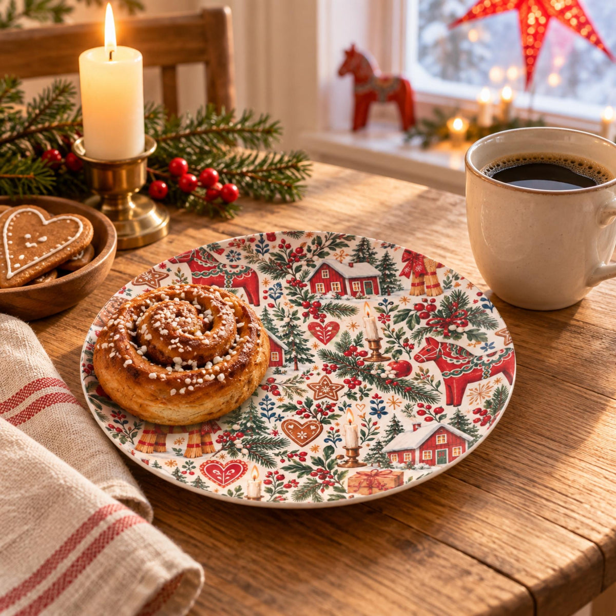 Hej Hemma Swedish Christmas Pattern Party Plate with Dala horse, julbock, red cottages and Scandinavian Christmas details