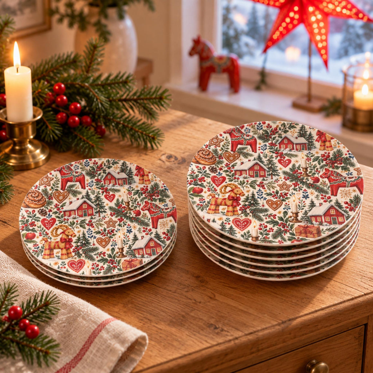 Hej Hemma Swedish Christmas Pattern Party Plate with Dala horse, julbock, red cottages and Scandinavian Christmas details