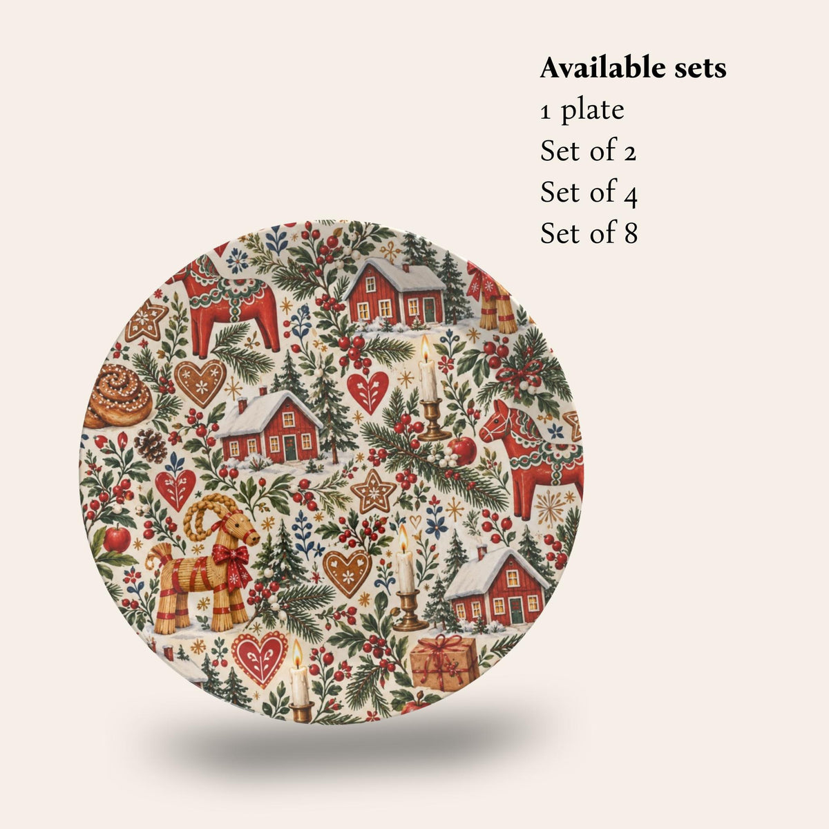 Hej Hemma Swedish Christmas Pattern Party Plate with Dala horse, julbock, red cottages and Scandinavian Christmas details