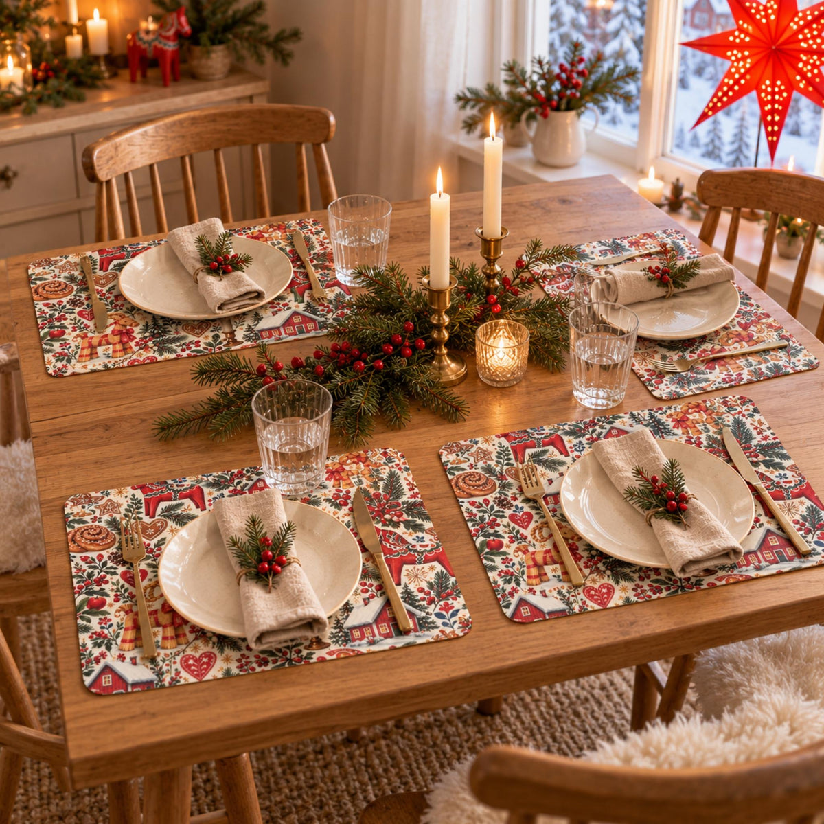 Hej Hemma Swedish Christmas Pattern Placemat with Dala horses, julbock, red cottages and Scandinavian Christmas details