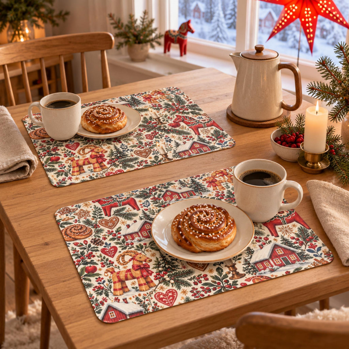Hej Hemma Swedish Christmas Pattern Placemat with Dala horses, julbock, red cottages and Scandinavian Christmas details