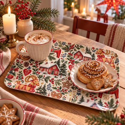 Hej Hemma Swedish Christmas Pattern Serving Tray styled for festive fika with Scandinavian Christmas details