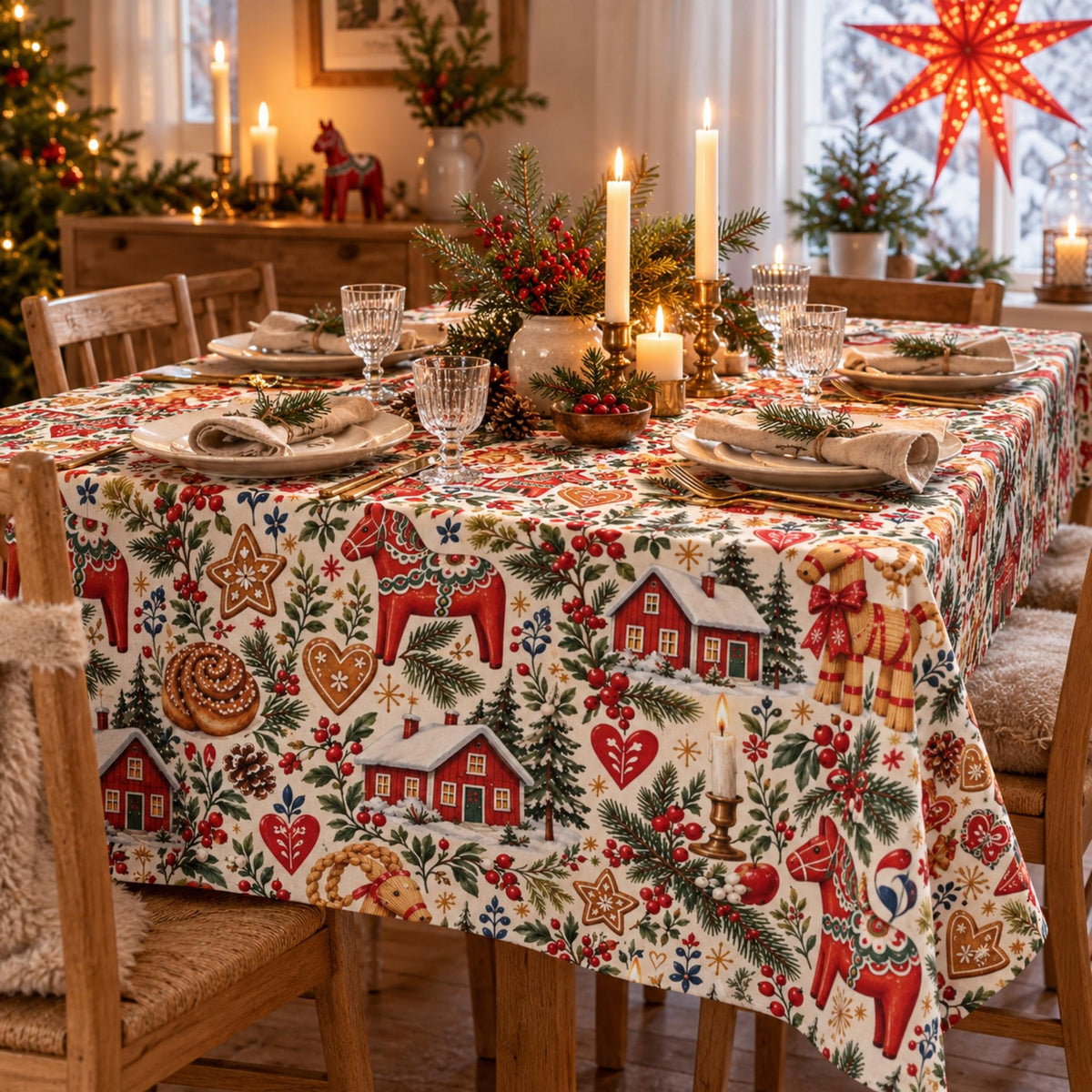 Hej Hemma Swedish Christmas Pattern Tablecloth with Dala horses, julbock, red cottages and Scandinavian Christmas illustrations