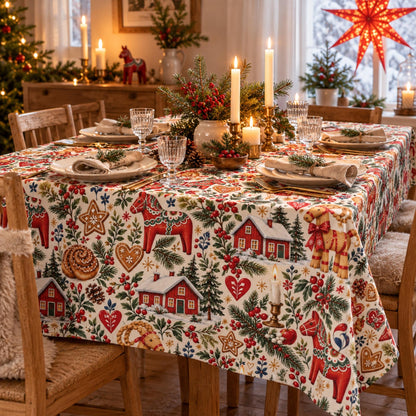 Hej Hemma Swedish Christmas Pattern Tablecloth with Dala horses, julbock, red cottages and Scandinavian Christmas illustrations