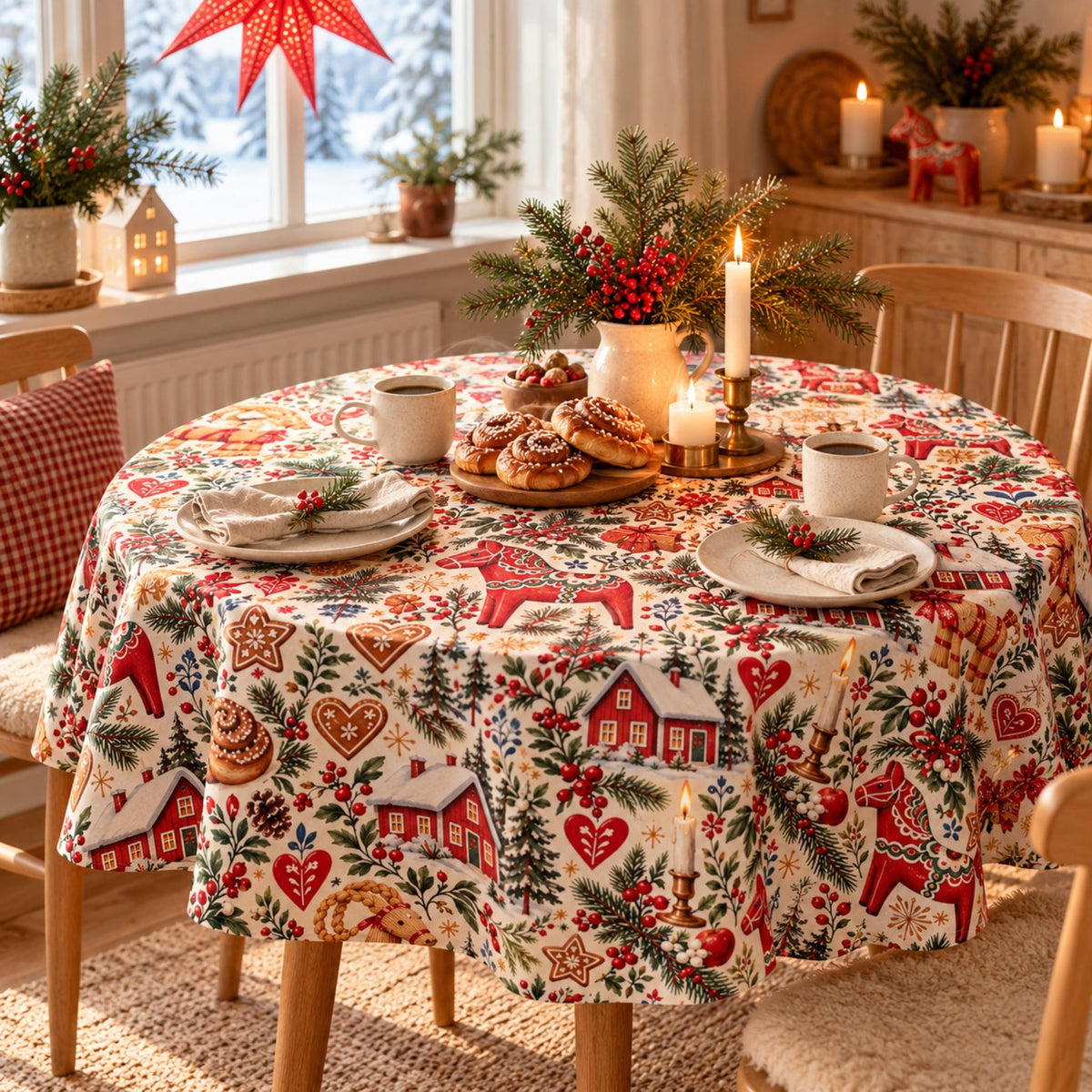 Hej Hemma Swedish Christmas Pattern Tablecloth with Dala horses, julbock, red cottages and Scandinavian Christmas illustrations