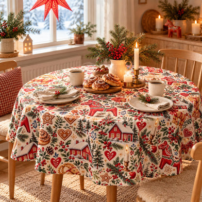 Hej Hemma Swedish Christmas Pattern Tablecloth with Dala horses, julbock, red cottages and Scandinavian Christmas illustrations
